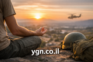 אדם יושב במדיטציה בשעת שקיעה בזמן מלחמה, עם מסוק צבאי ברקע – מסמל הרגעה בזמן מלחמה והתמודדות עם לחץ וחרדה.